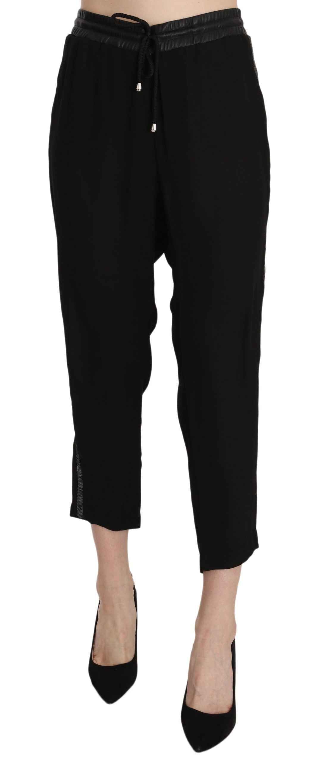 Guess Black Polyester High Waist Cropped Trousers Pants