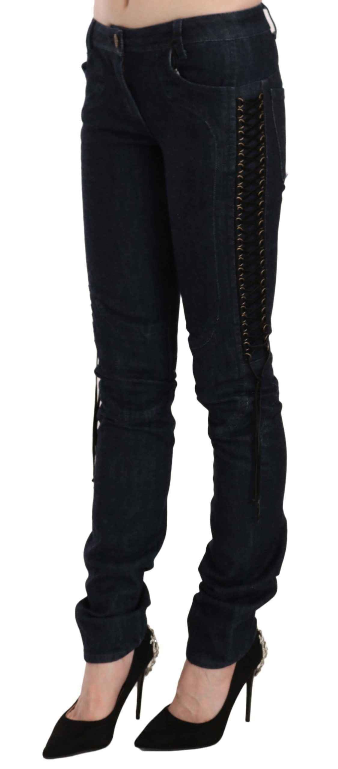 Just Cavalli Blue Low Waist Skinny Trousers Braided String Pants