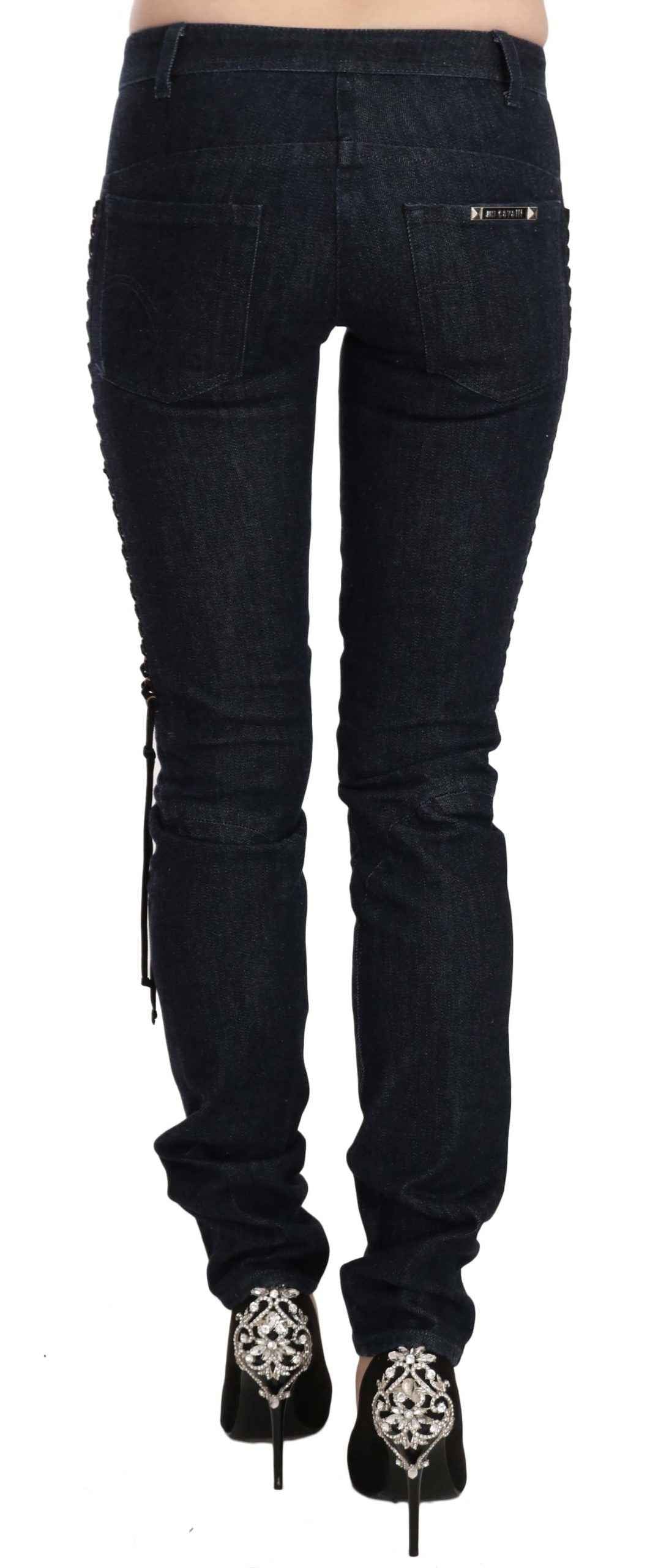 Just Cavalli Blue Low Waist Skinny Trousers Braided String Pants