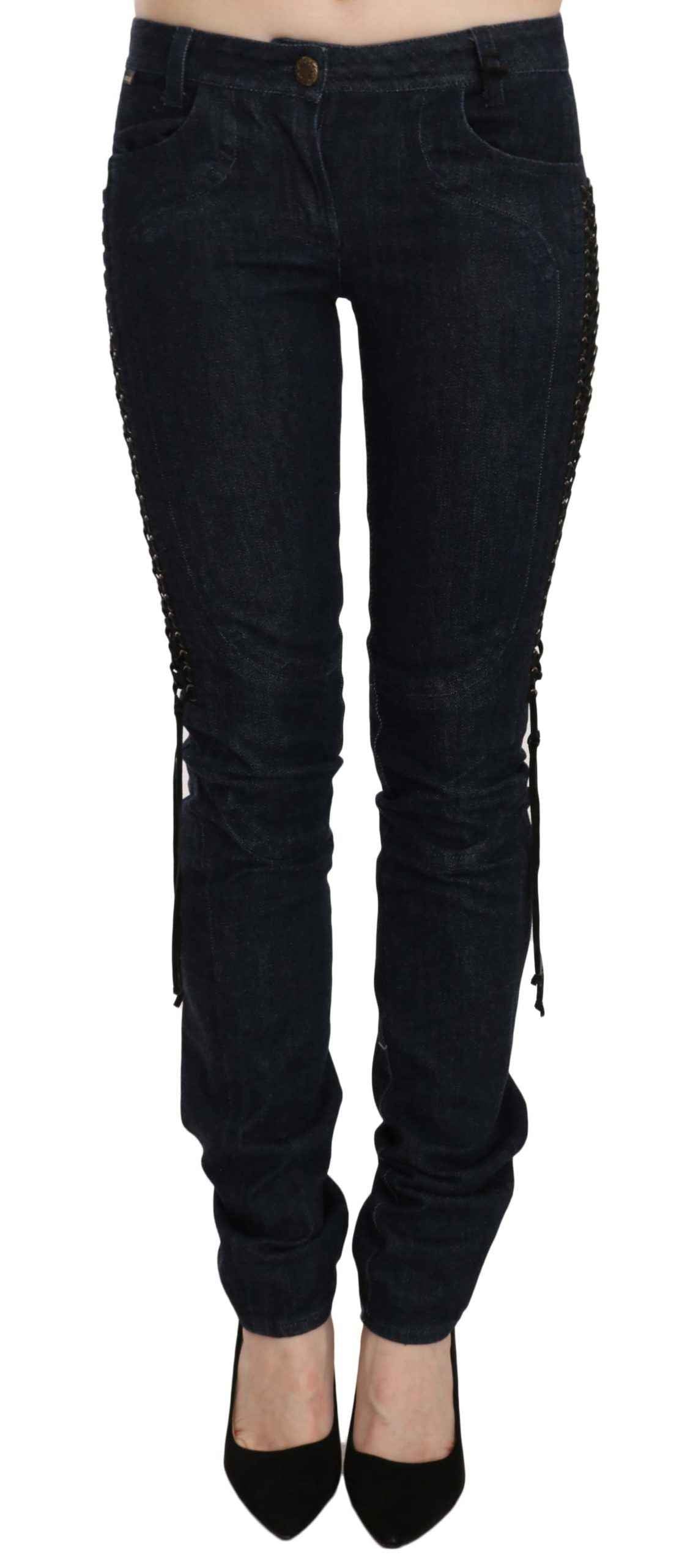 Just Cavalli Blue Low Waist Skinny Trousers Braided String Pants