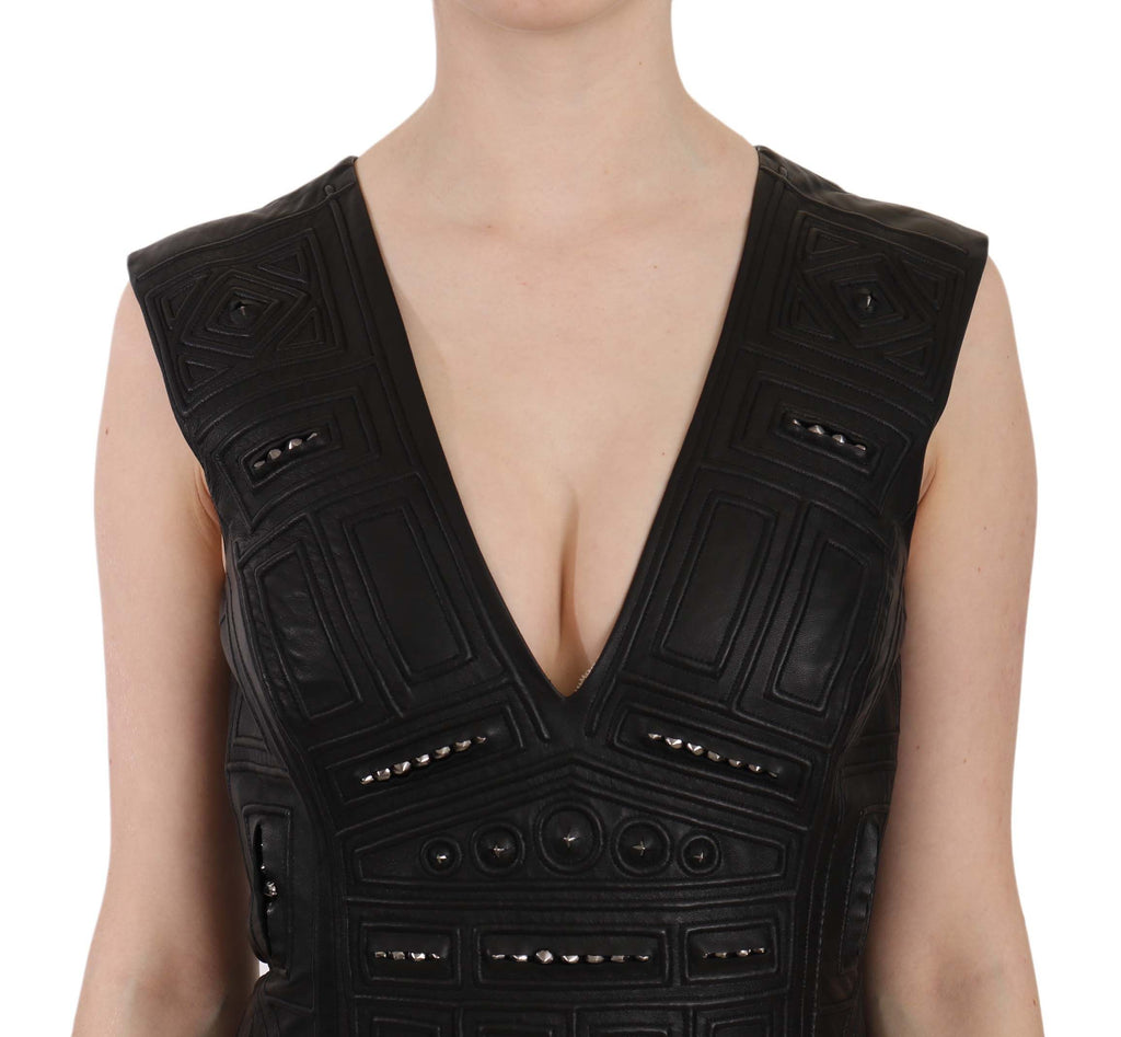 Robe courte droite John Richmond noire en cuir (clouté)