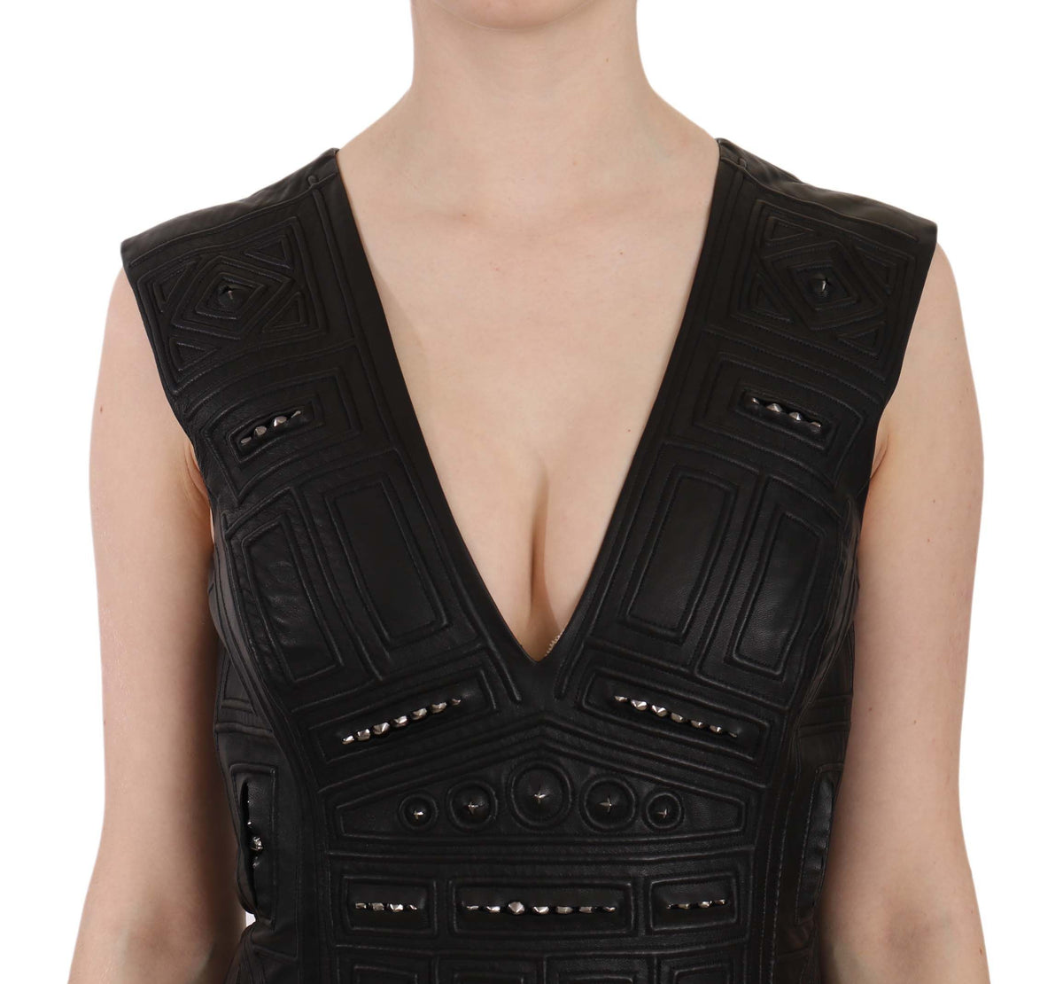 Robe courte droite John Richmond noire en cuir (clouté)