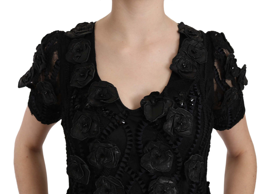 Robe fourreau John Richmond noire en soie (fleurs en cuir)