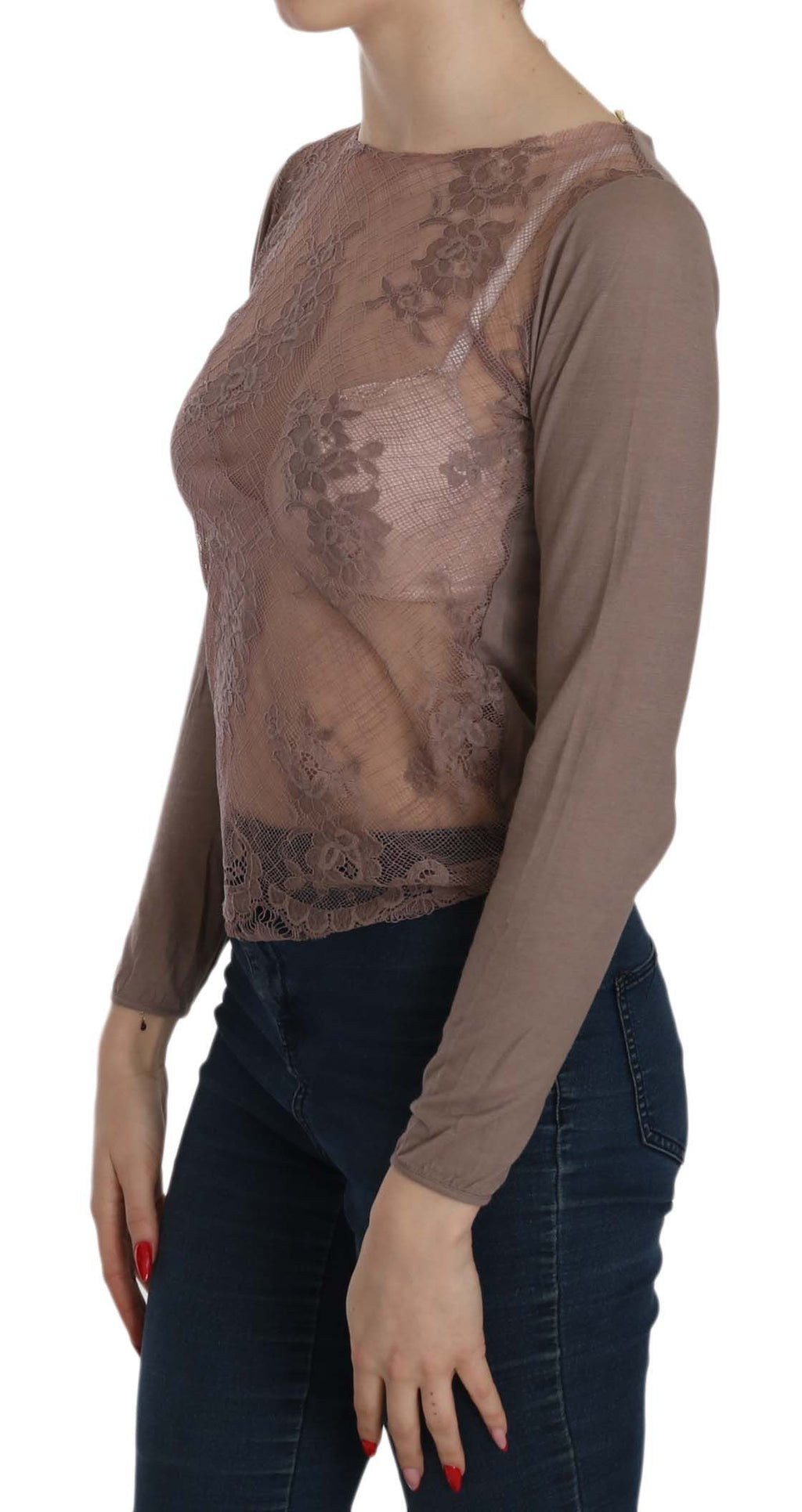 Top PINK MEMORIES marron en dentelle (manches longues)