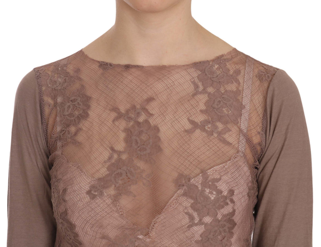 Top PINK MEMORIES marron en dentelle (manches longues)