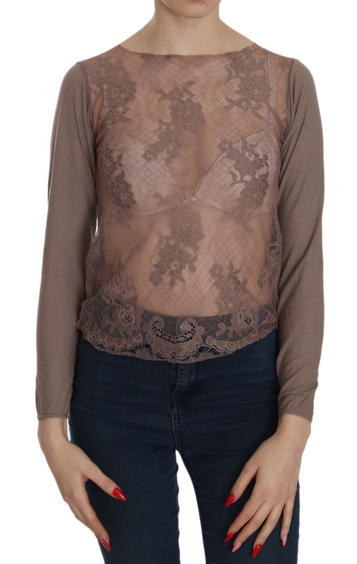 Top PINK MEMORIES marron en dentelle (manches longues)