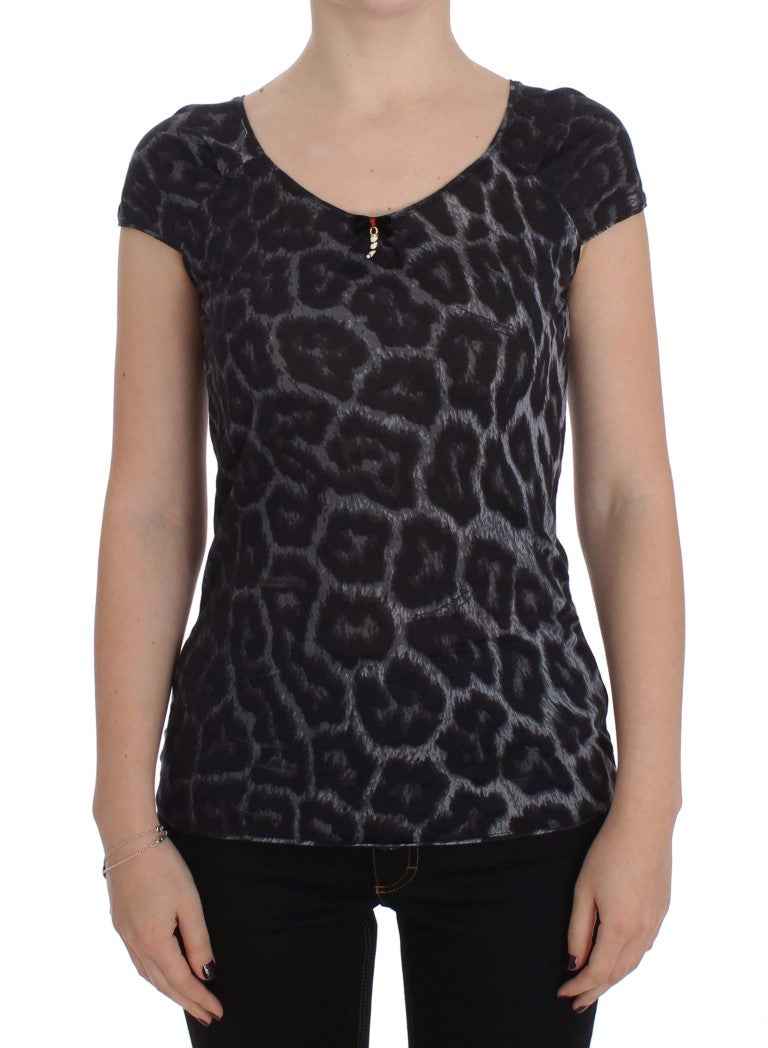 Cavalli Gray Leopard Modal T-Shirt Blouse Top