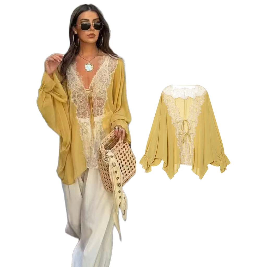 Blouse dentelle manches lanterne à nouer