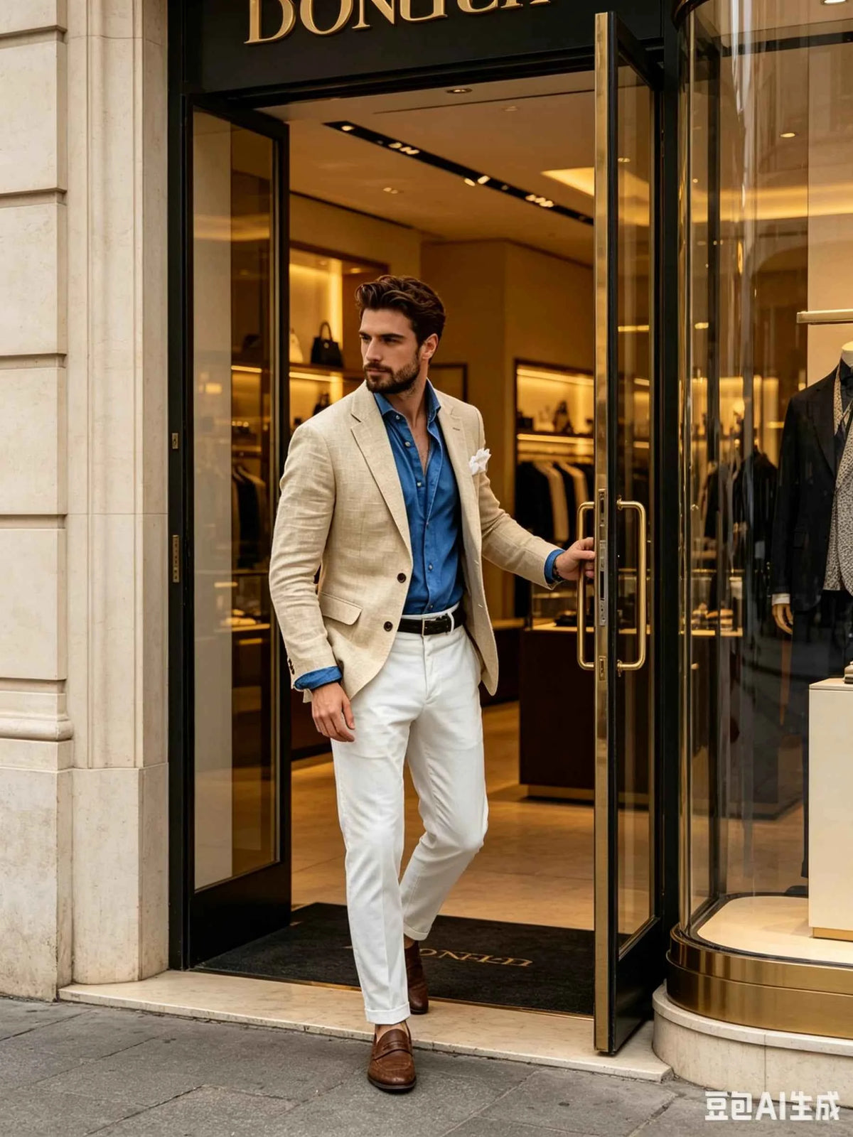Blazer beige/bleu deux boutons slim