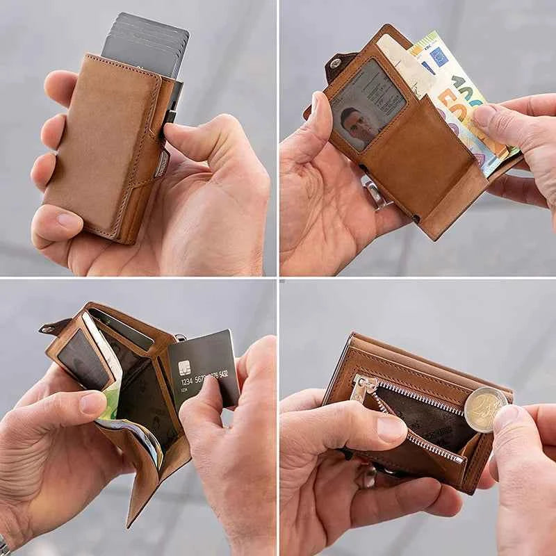 Porte-cartes automatique en cuir avec RFID