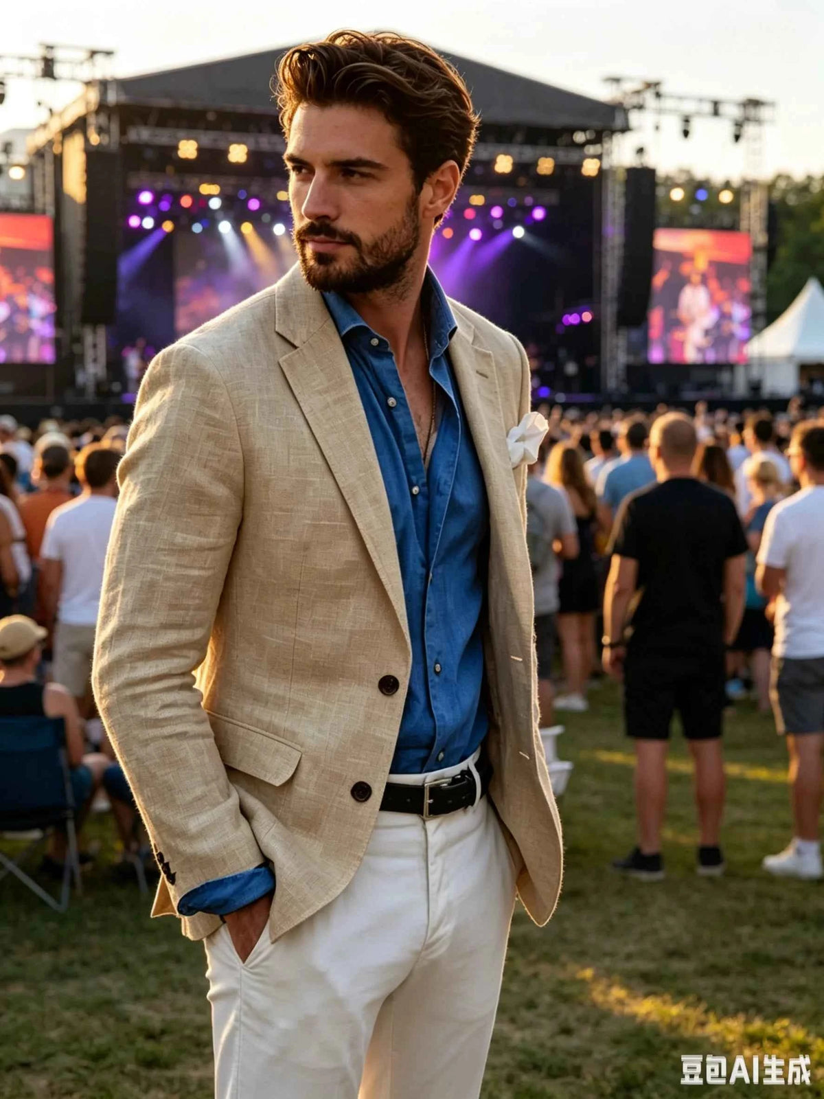Blazer beige/bleu deux boutons slim