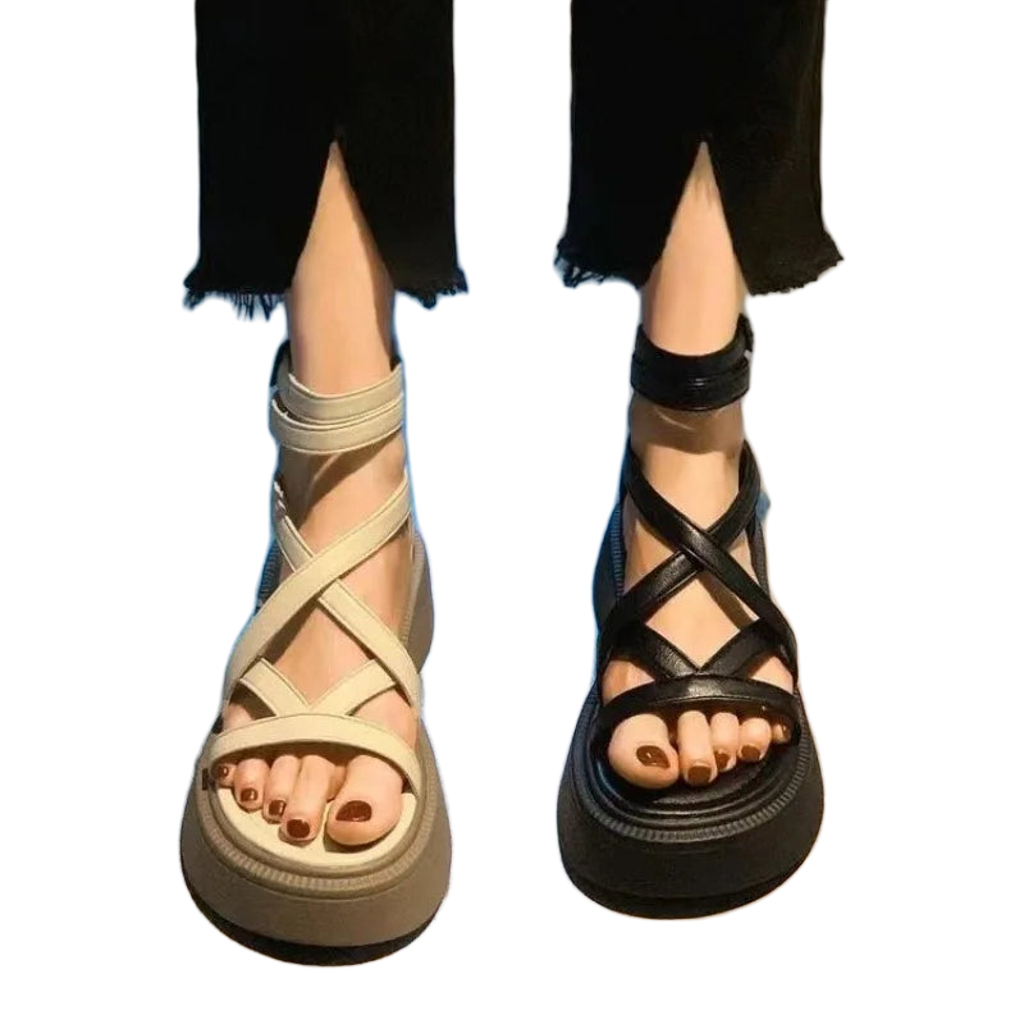 Sandales femme semelle épaisse style sponge cake, brides fines et zip