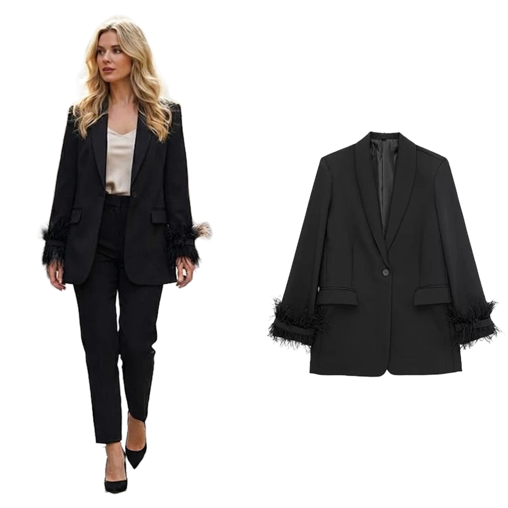 Blazer satiné noir à plumes